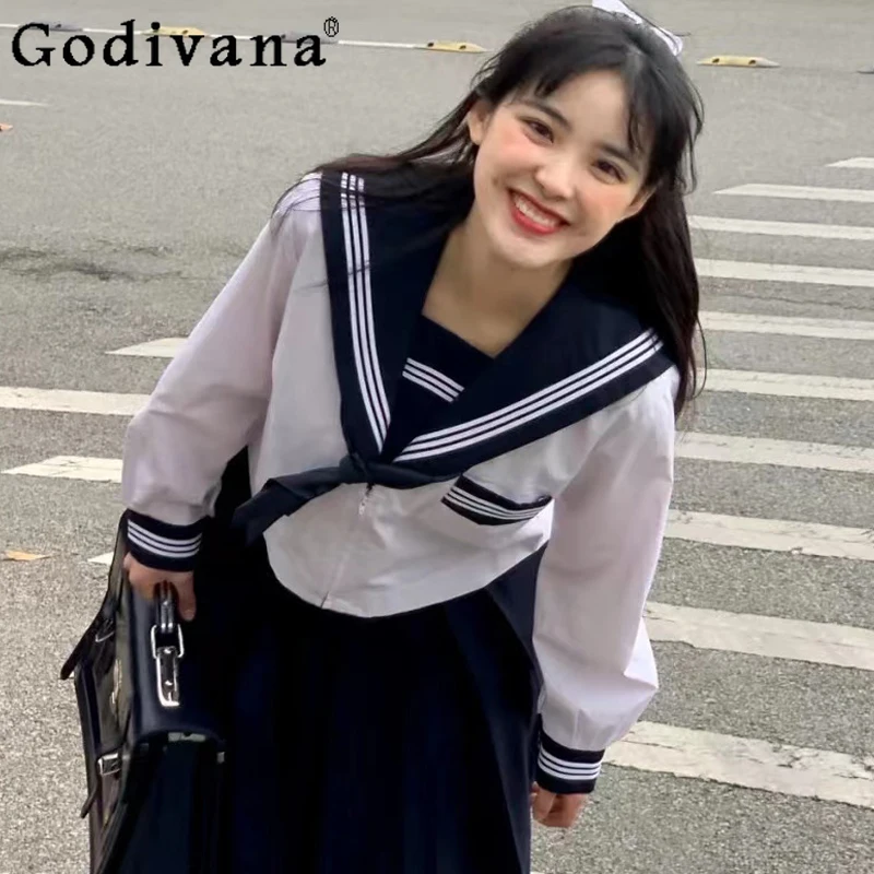 

Large Size Playful JK College White Sailor Collar Long Sleeve Shirt Spring Autumn Sweet Versatile Age-reducing High Waist Skirt