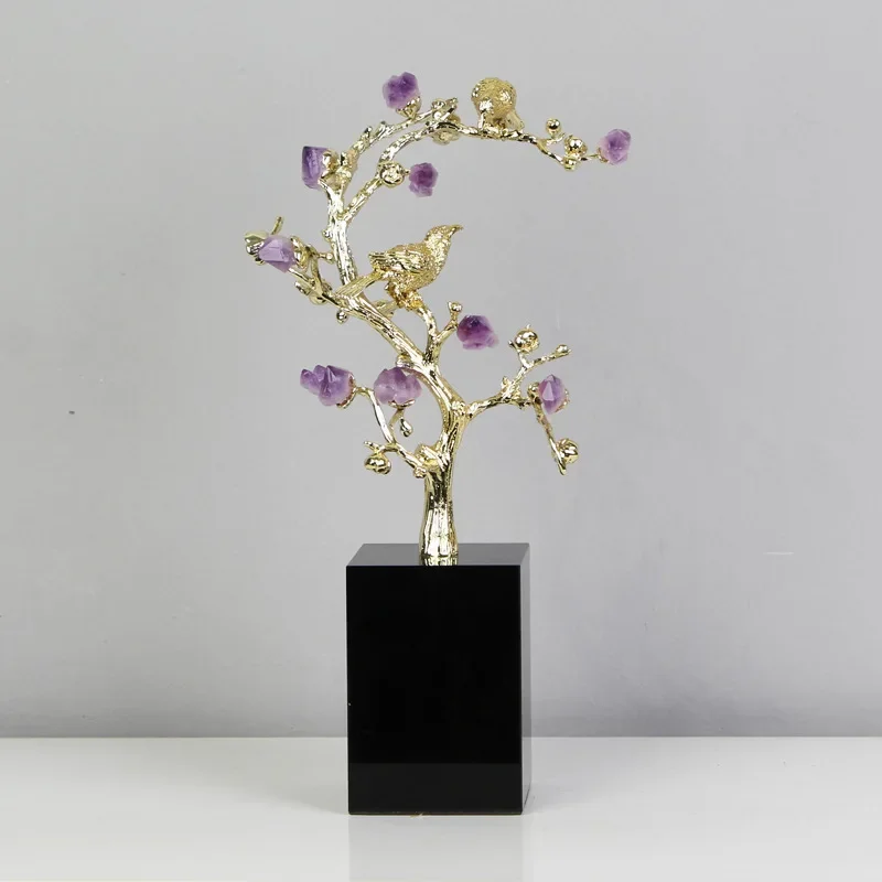 Metal Handicraft Golden Tree Crystal Flower Brass Amethyst Decoration Golden Bird Metal Decorative Figurines Home Decoration