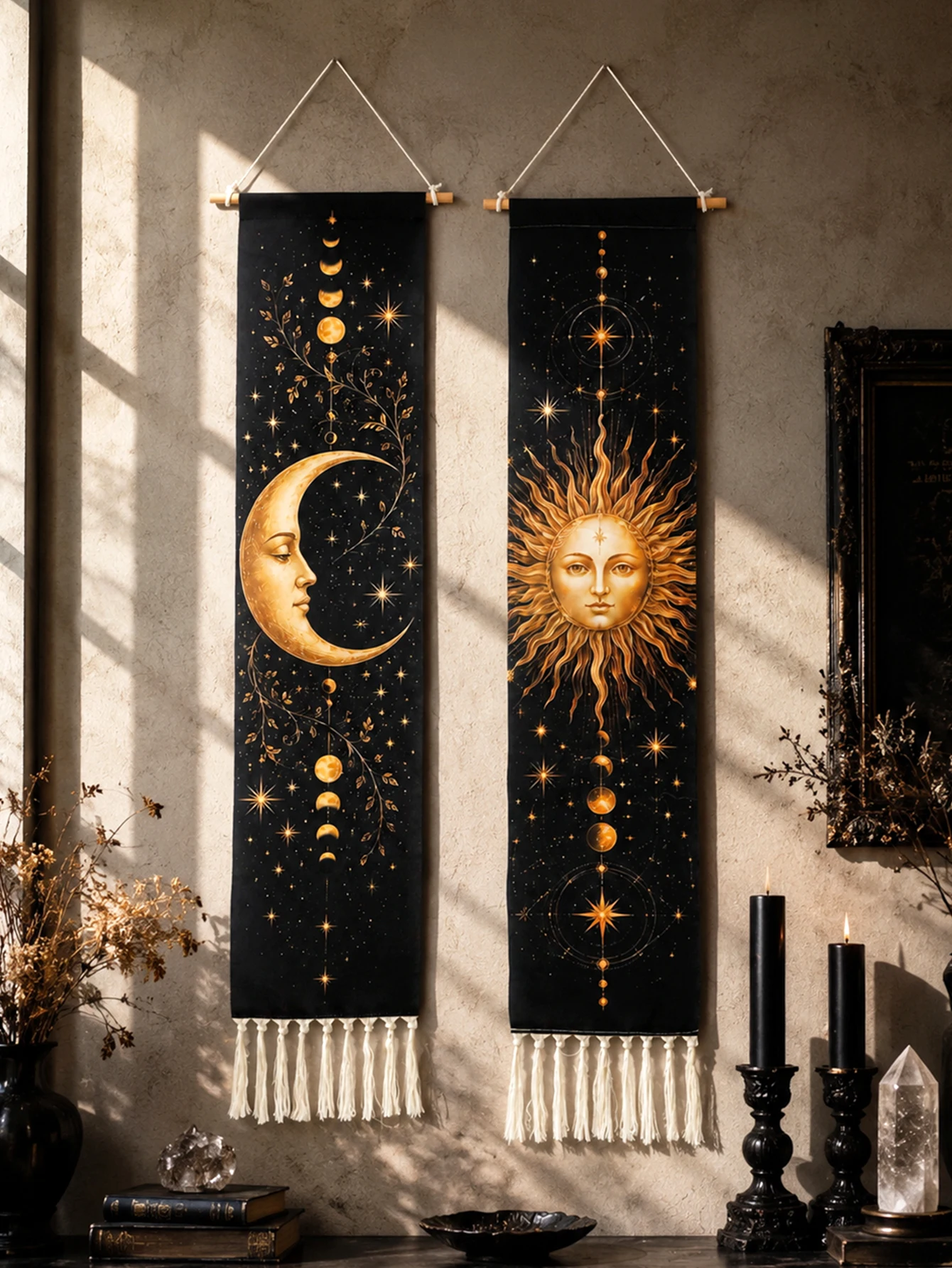 Boho Sun Moon Face Tapestry with Tassel Black & Gold Moon Phase Star Celestial Wall Hanging Witchy Tarot Wall Art Decor for Home