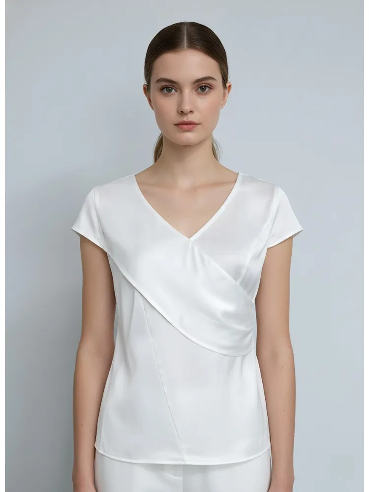 Freeacy Women's White Satin V-Neck Wrap Detail Short Sleeve Blouse Luxury Elegant Workwear Top 2026 New Asymmetric T-shirt Tops