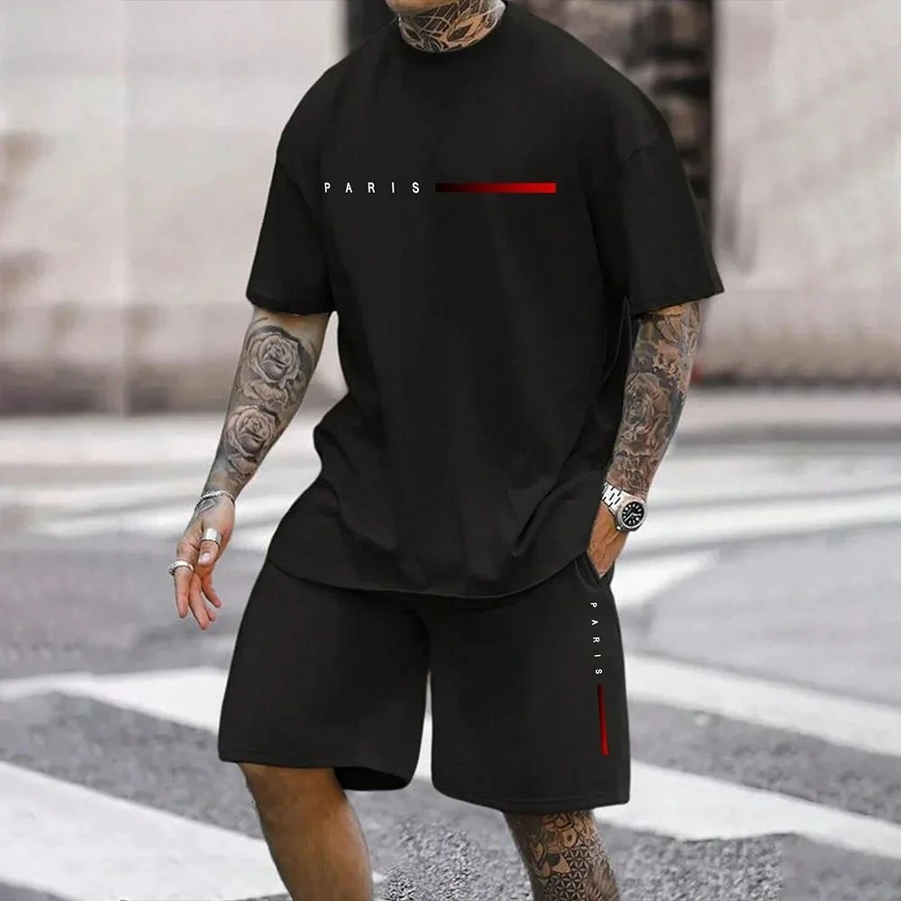 แฟชั่นผู้ชายฤดูร้อนลายพิมพ์ไล่ระดับสีนุ่มและระบายอากาศได้ดีเสื้อยืดกางเกงขาสั้นชุดกลางแจ้งชุดลำลองสองชิ้น