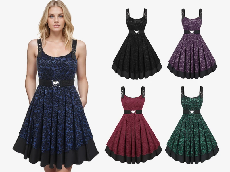 Sukienka koktajlowa damska plus size w stylu lat 50., vintage, z kwiatową koronką, żakardem i paskiem, bez rękawów, rozkloszowana, vestidos.