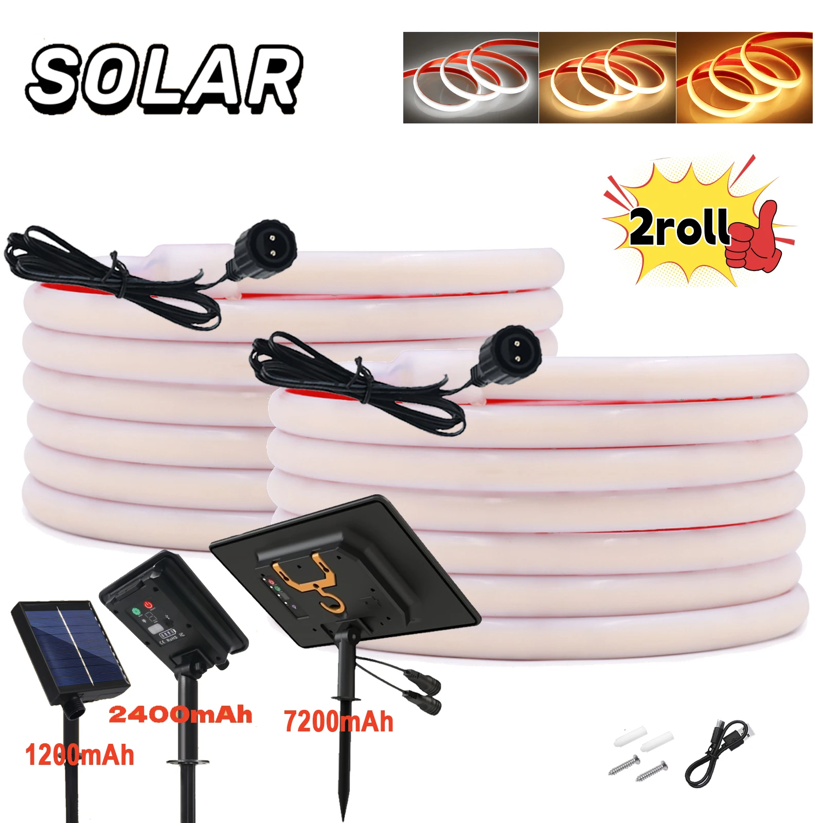 Solar Neon Light Strip 24V COB Waterproof IP68 Flexible LED Tape Red Green Blue Warm White 320LEDs/M Courtyard Garden Room Decor