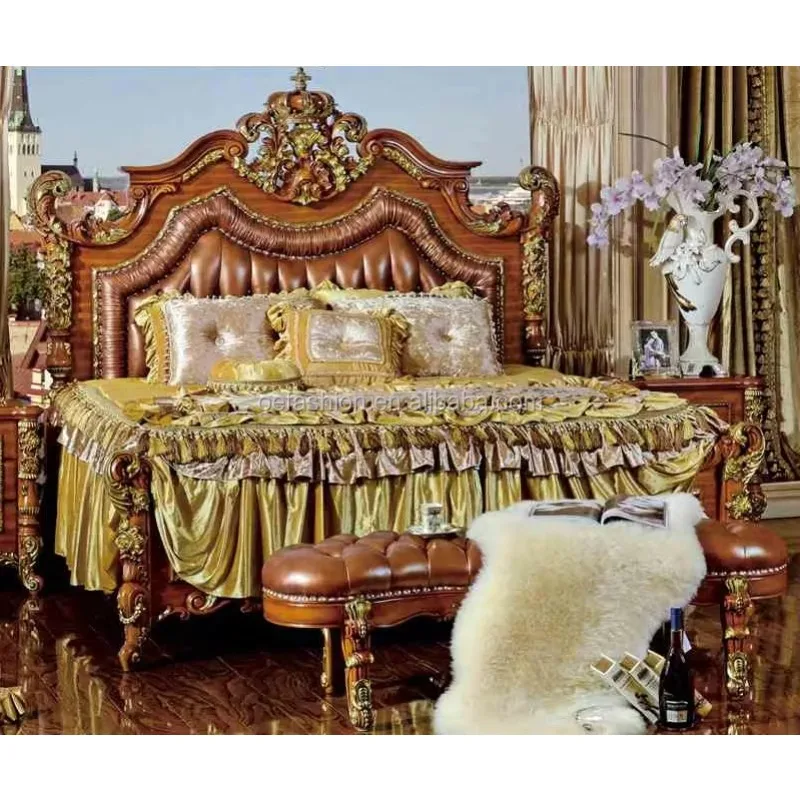 OE-FASHION Classical Bedroom Bed European Royal Style Solid Wood Soft Style Bed Design