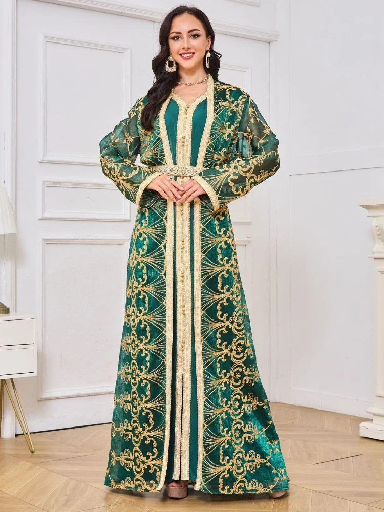 

Morocco Muslim Party Dress for Women Kimono Abaya 2 Piece Set Luxury Dubai Islamic Dresses Green Embroidery Kaftan Robe Abayas