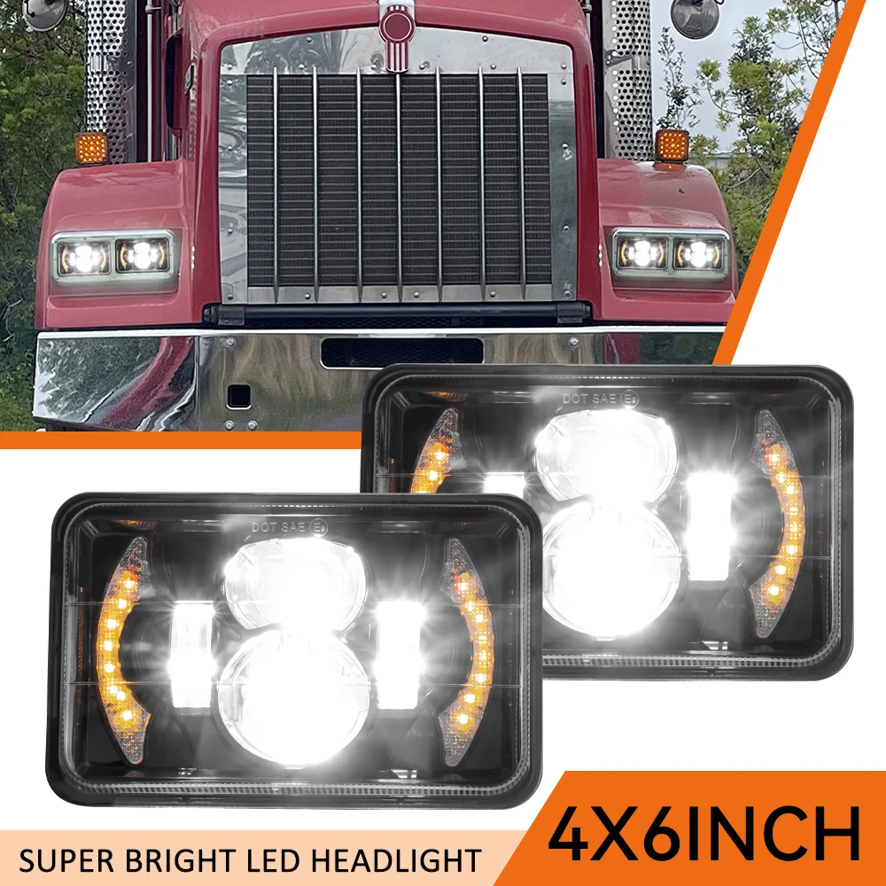 

H4 LED Headlight 4X6 inch Square Lamp High/Low Beam With White Amber Daytime Running Light 12V 24V For Trucks Car SUV Motorcycle