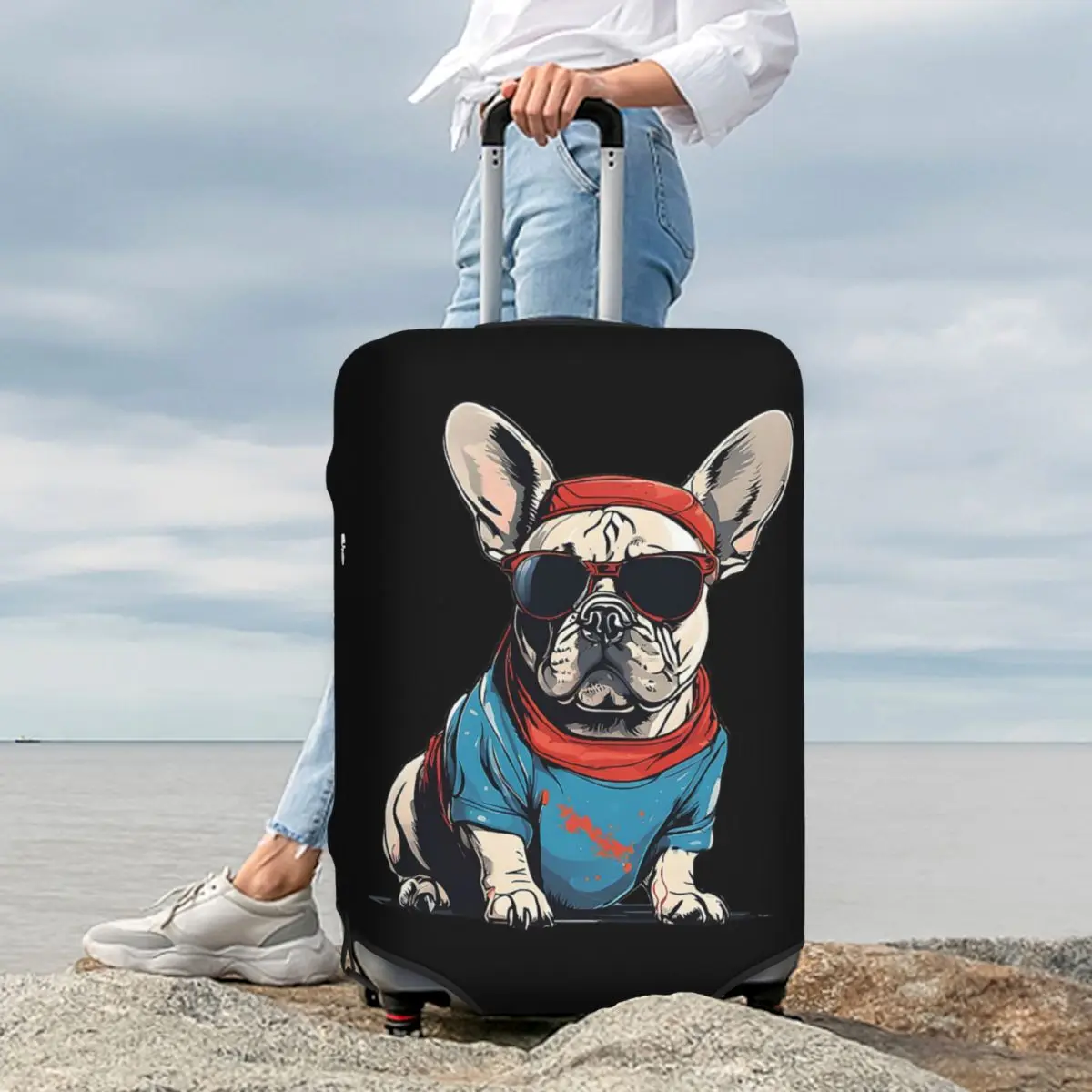 French Bulldog Vibes يرتدي النظارات الشمسية - غطاء حقيبة بتصميم رائع للحماية من أغطية حماية مرنة لرحلة الأمتعة مقاس 18-32 بوصة