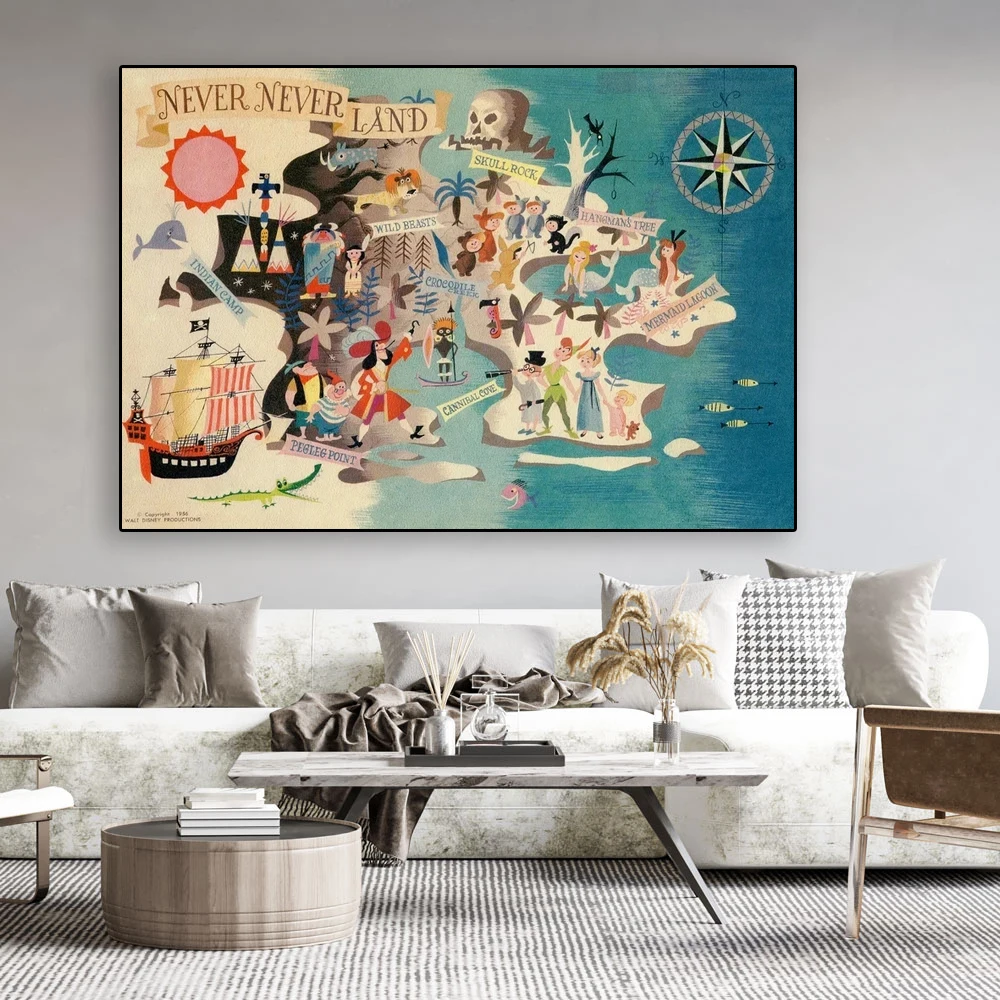 

Disney Art Poster Peter Pan World Neverland Map Canvas Painting Wall Art Prints For Kids Bedroom Nursery Home Decor Gift