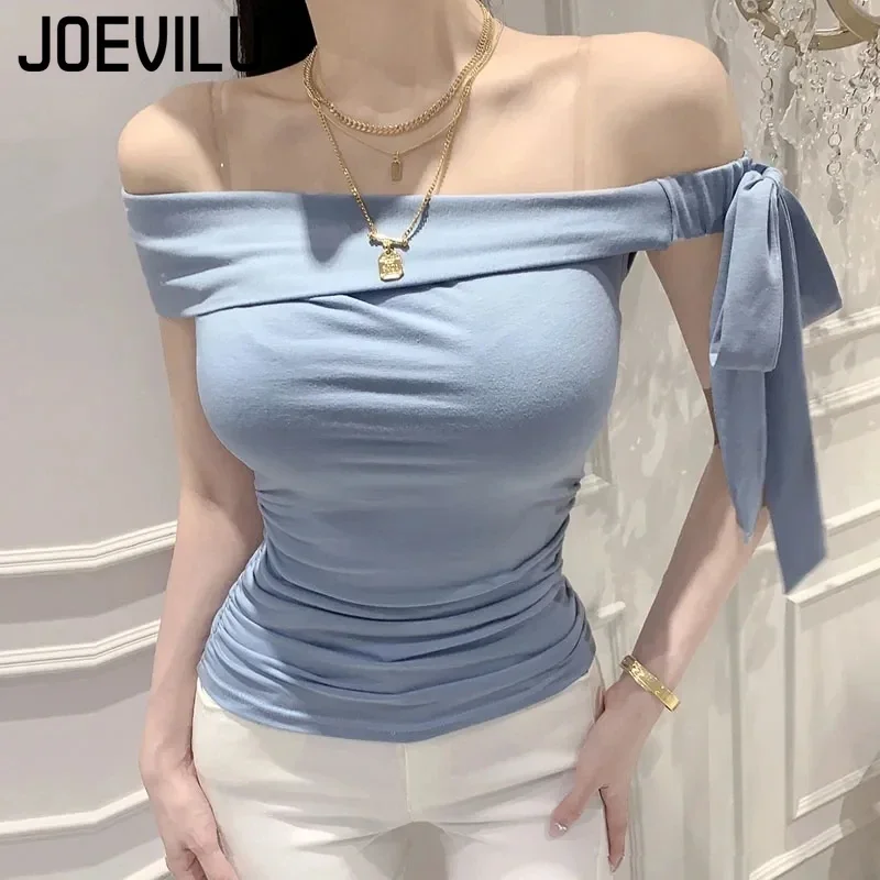 

JOEVILU Skinny Tee Bow Tie Off Shoulder Sexy Sleeveless Crop Tops Women's Summer Korean Fashion T-shirt Y2k Streetwear Tshirt