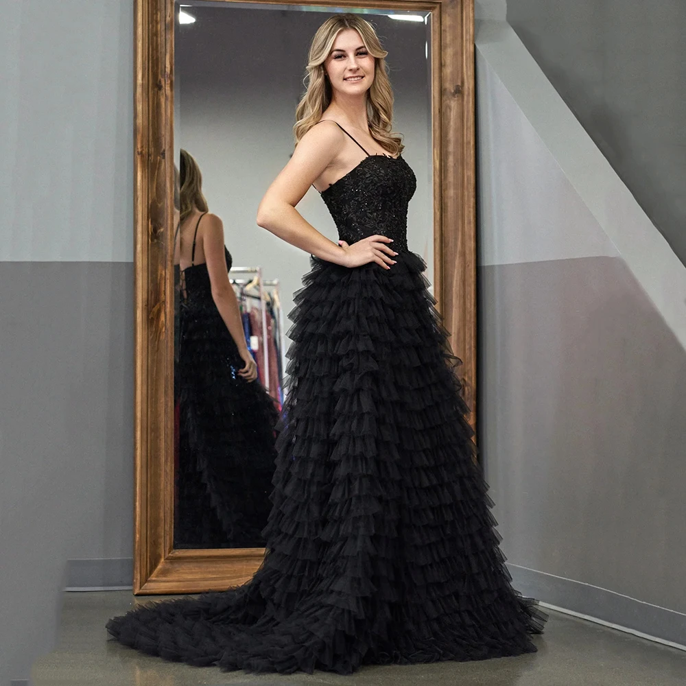 

Customized Yipeisha High Quality Black Tulle Spaghetti Evenign Dresses Tiered Draped With Lace Appliques Floor Length A-line Par