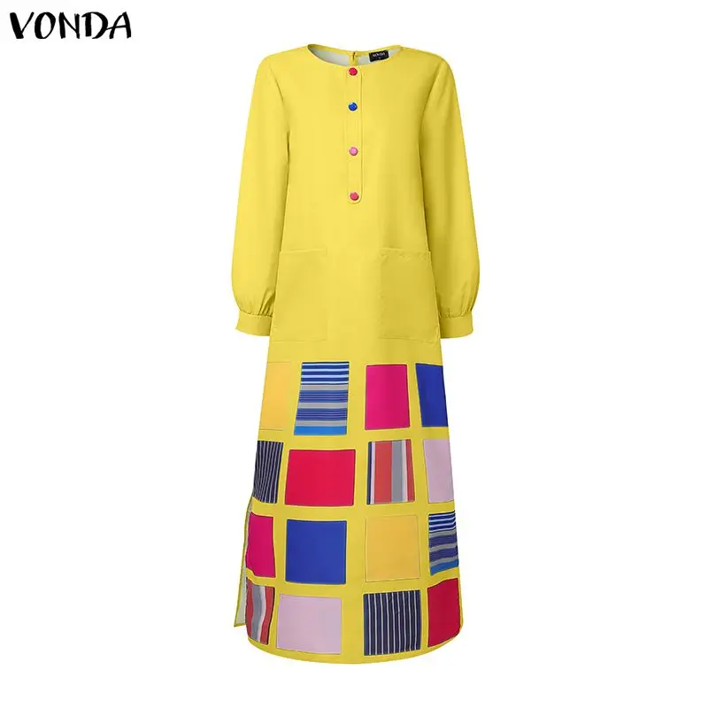 VONDA Plus Größe 5XL Vintage Frauen Maxi Kleid Mode Langarm Druck Böhmischen Vestido Casual Lose Taschen Oversize Party Robe