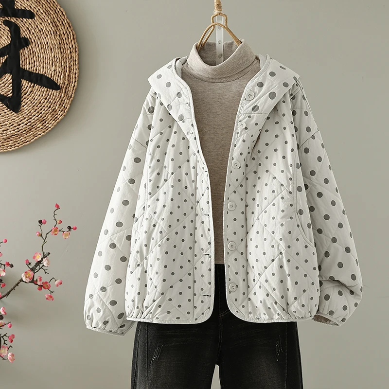 Thickened Cotton Spring Autumn Winter Women's Coat with Hood Polka Dot Patterned Inner Filling Long Sleeve Single Button Closure