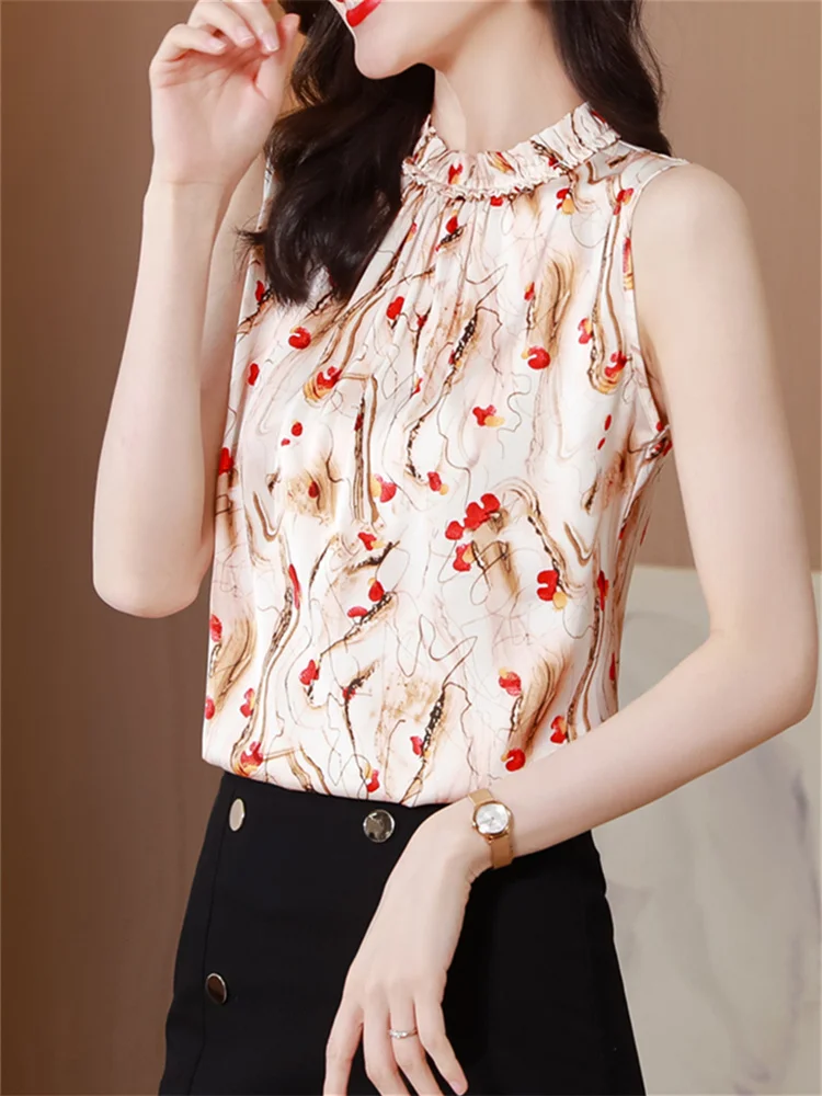 Fashion Women Blouse Elegant Chiffon Blouse Summer 2022 Sleeveless Plaid Print Pullover Top Office Lady Formal Shirts