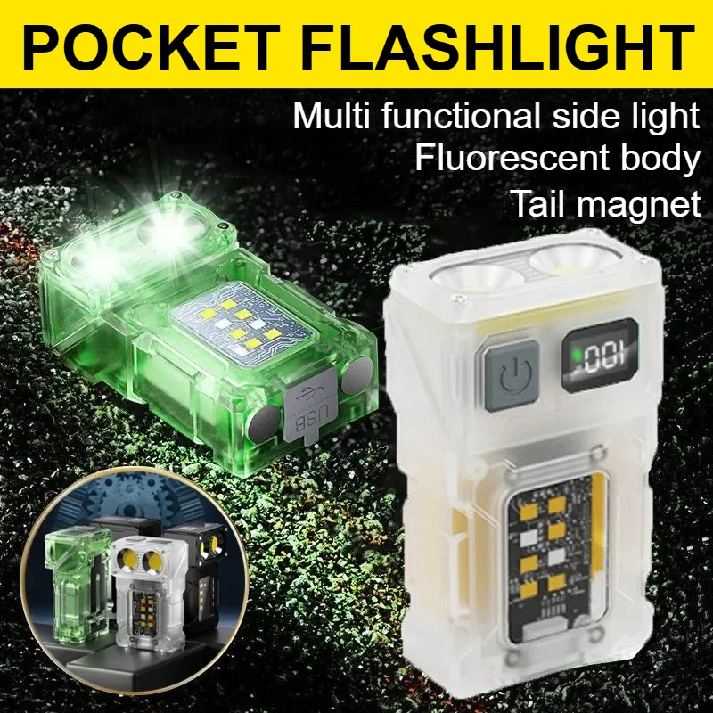 

Pocket Small LED Flashlight Rechargeable Fluorescence Torch with Tail Magnet & COB Emergency Light for Camping Hiking Fishing