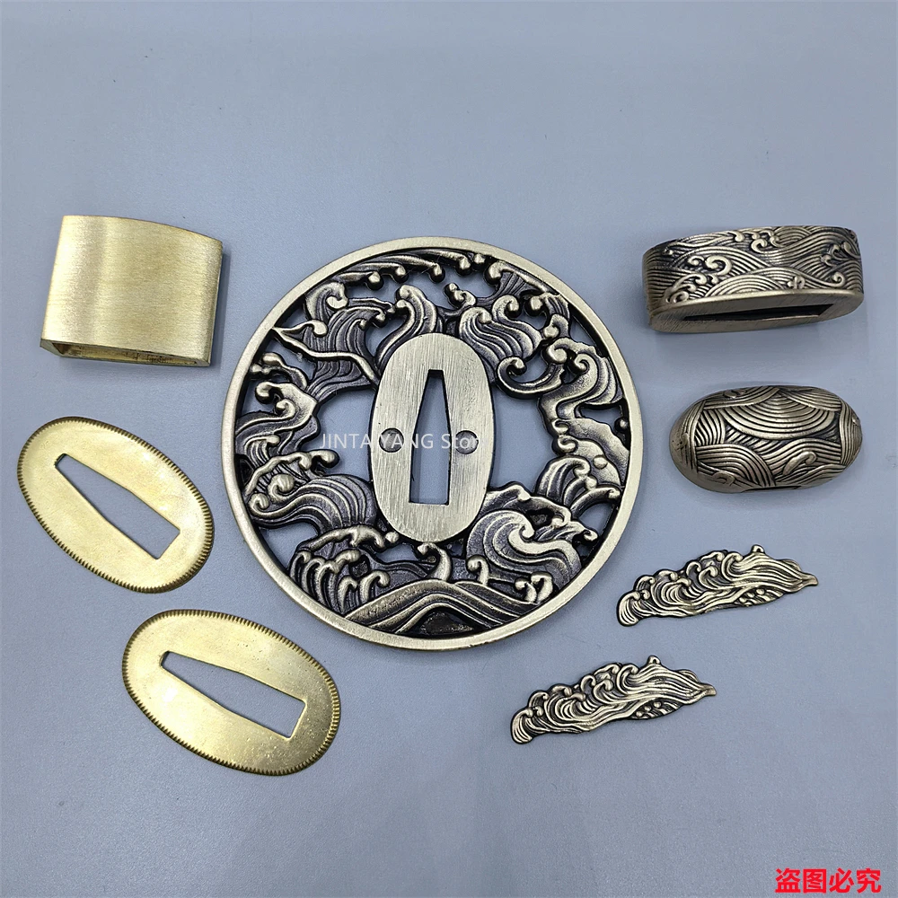 

A Set Copper Brass Carved Sea Wave Tsuba Fuchi Menuki Kashira Habaki Seppas Fittings For Japanese Sword Katana Accessories