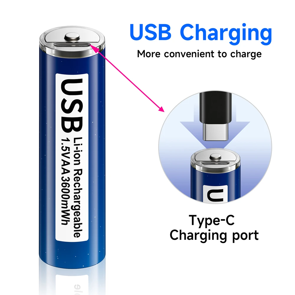 AA + AAA USB Rechargeable Batteries 1.5V 2800mWh AA Li-ion Battery 1.5V 1110mWh AAA lithium ion battery USB fast charging