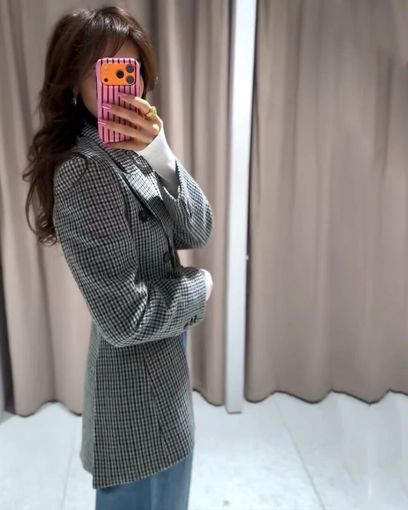 Women's Blazer Coat 2026 Spring Long Sleeve Asymmetrical Hem Blended Plaid Blazer Lady Autumn High Street Chic Female Outerwear