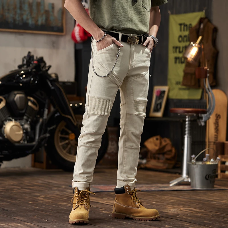 Beige desain jahitan lipit Jeans sepeda motor pria Fashion jalanan tinggi potongan ramping Fashion ketat merek Fashion sepeda motor Trous