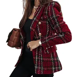 Stylish Autumn Blazer Close-fitting Plaid Print Office Lady Wear-resistant Women Coat  Women Coat Thermal