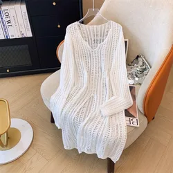 Summer Sweater Knitted Cardigan Hollow Long Section Women Cardigan Jumper Split V-neck Long-sleeved Loose Sunscreen Jacket Coat