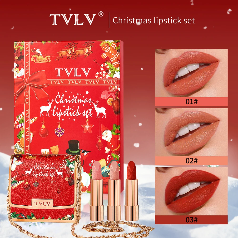 

Christmas Gift 3PCS Matte Nude Lipstick Retro Lip Stick Long Lasting Waterproof Smudge Proof Red Lipstick With Chain Retro Bag
