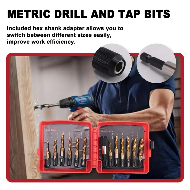 F-T Titanium Combination Drill Tap Bit Set 13PCS SAE And Metric Tap Bits Kit For Screw Thread Drilling Tapping Deburring