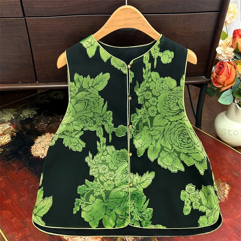 

Зеленый топ Qipao без рукавов с принтом, женская новая одежда в китайском стиле Тан, большой размер 3XL 4XL, костюм ханьфу, женская куртка ханьфу