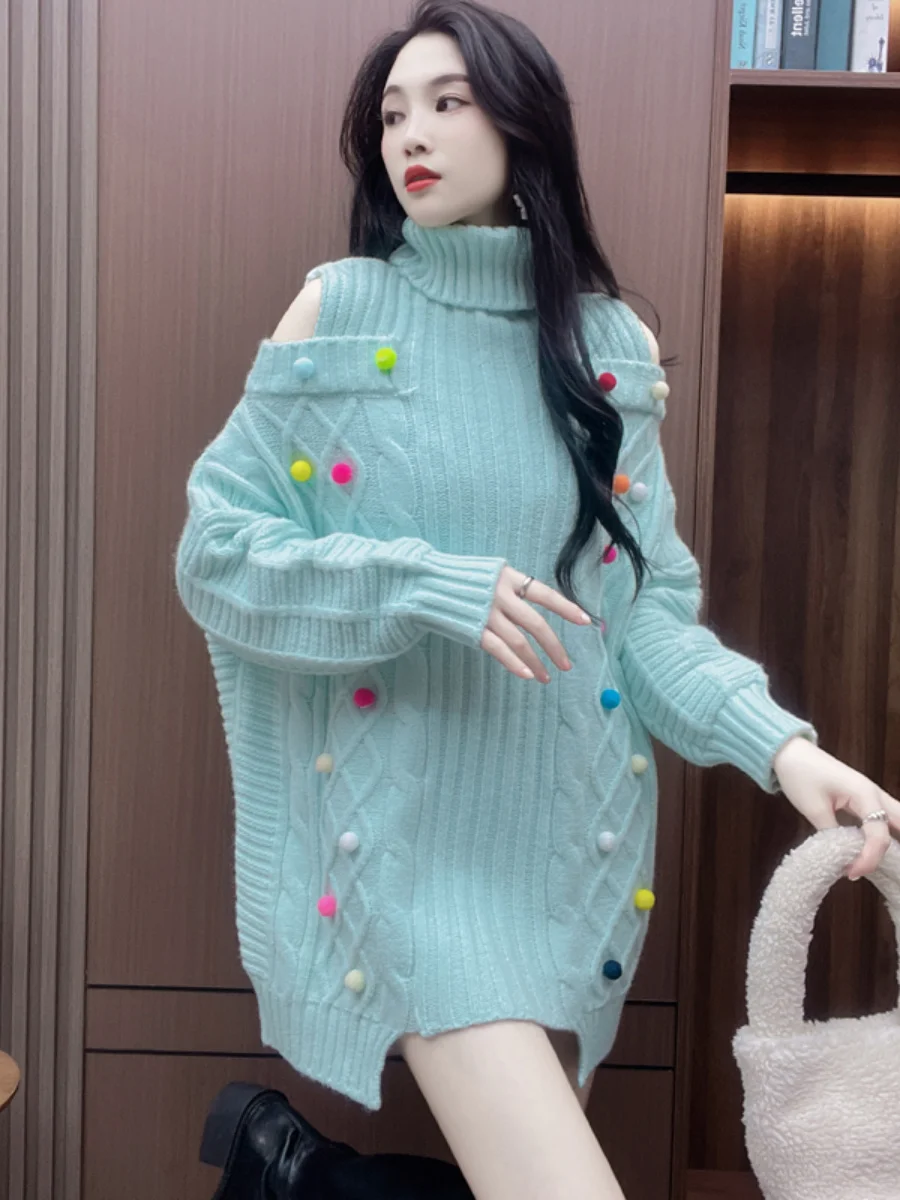 Sweet Winter New Tridimensional Decorative Turtleneck Women Off-Shoulder Mid-Length Knitwear Top Loose Oversized Sweater