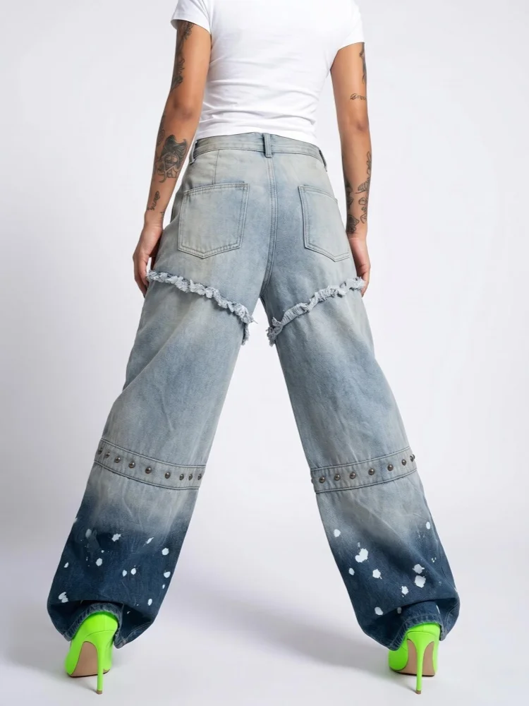 2026 American Y2K Style Rivet Design Light Blue Baggy Stacked Ripped Jeans Pants For Women Clothes Wide Leg Loose Denim Trousers