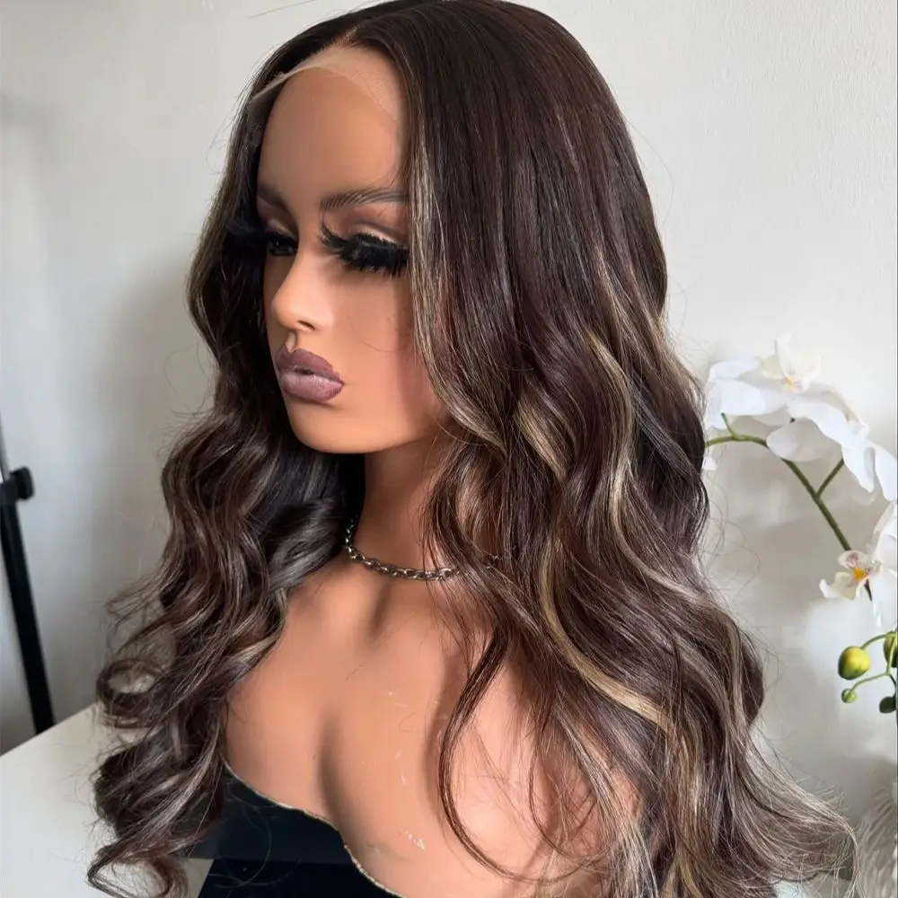 

Synthetic Lace Front Wig 24" Body Wave Chocolate Brown Lace Wig Brunette Highlights Cosplay Party Wig For Women High Heat Fibre