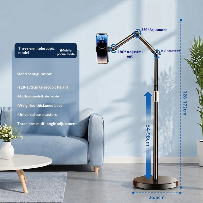 Mobile Floor Stand with Wheels – 3-Section Arm for Live Stream/Video, 360° Rotation, 119-165cm Adjustable