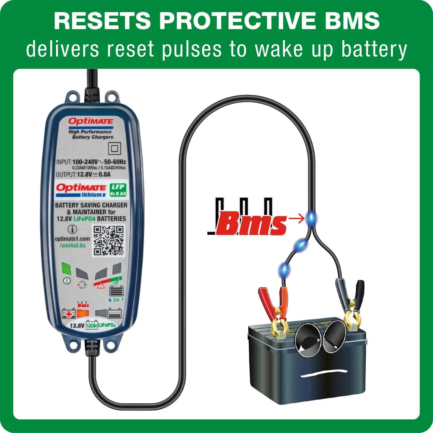 4s 0.8A Lithium Battery Charger & Maintainer, 12.8V with BMS Wake-Up Mode for Extended Life