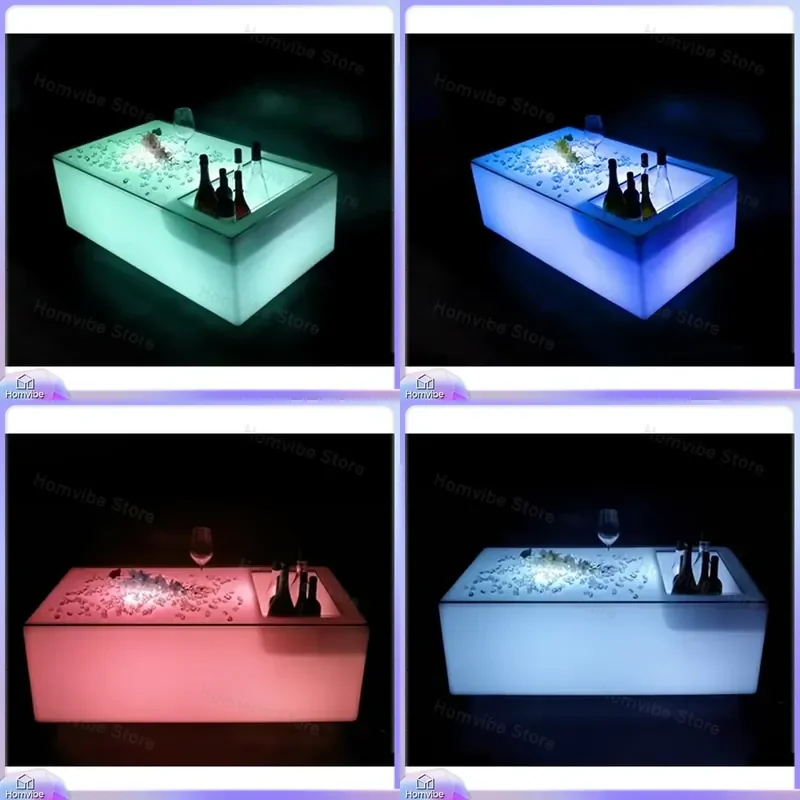 

LED Light Up Square Bar Table with Ice Bucket Groove Waterproof Modern Home Bar Furniture Outdoor Lounge Table Nightclub