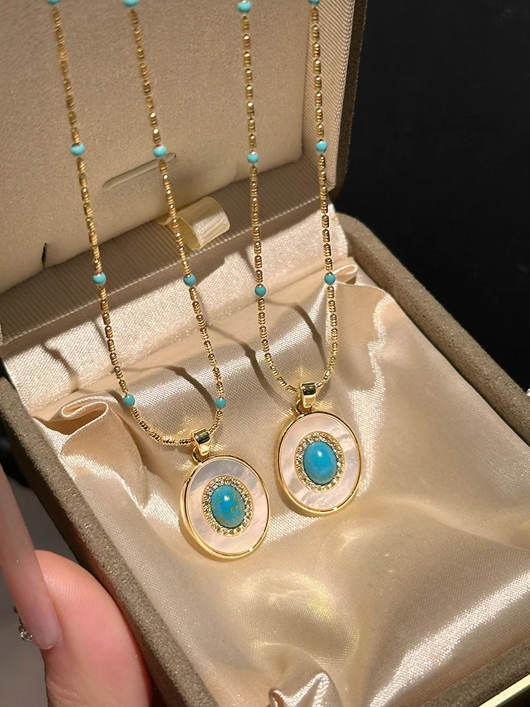 Natürliche Türkis Oval Shell Anhänger Gold Farbe Kette Halskette Sexy Schlüsselbein Kette Trendy Schmuck Zubehör Für Frauen 2023 – Detail 9