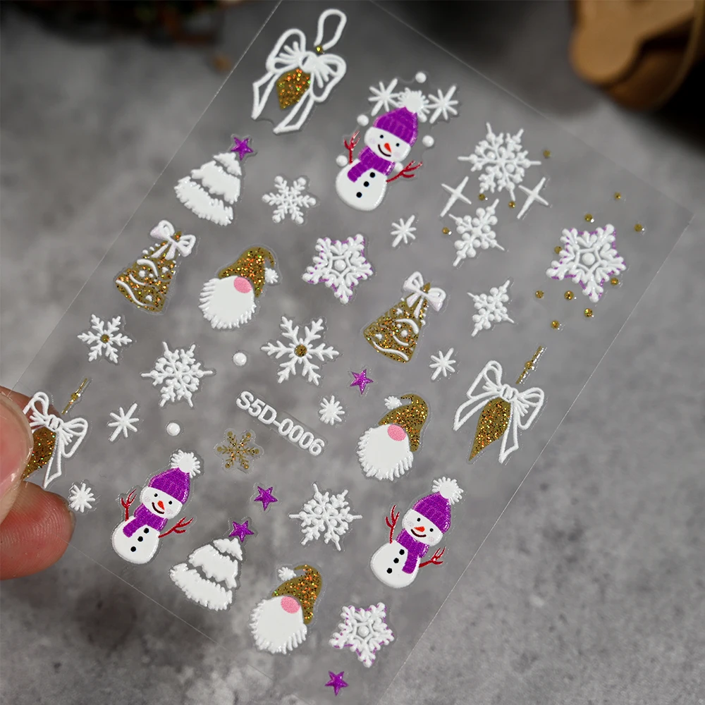 1 stks 5D Kerst Goud Glitter Boog Bel Sneeuwvlokken Nail Stickers Grenen Kerstman Beer Slider Leuke Kerst Winter Manicure Decals &