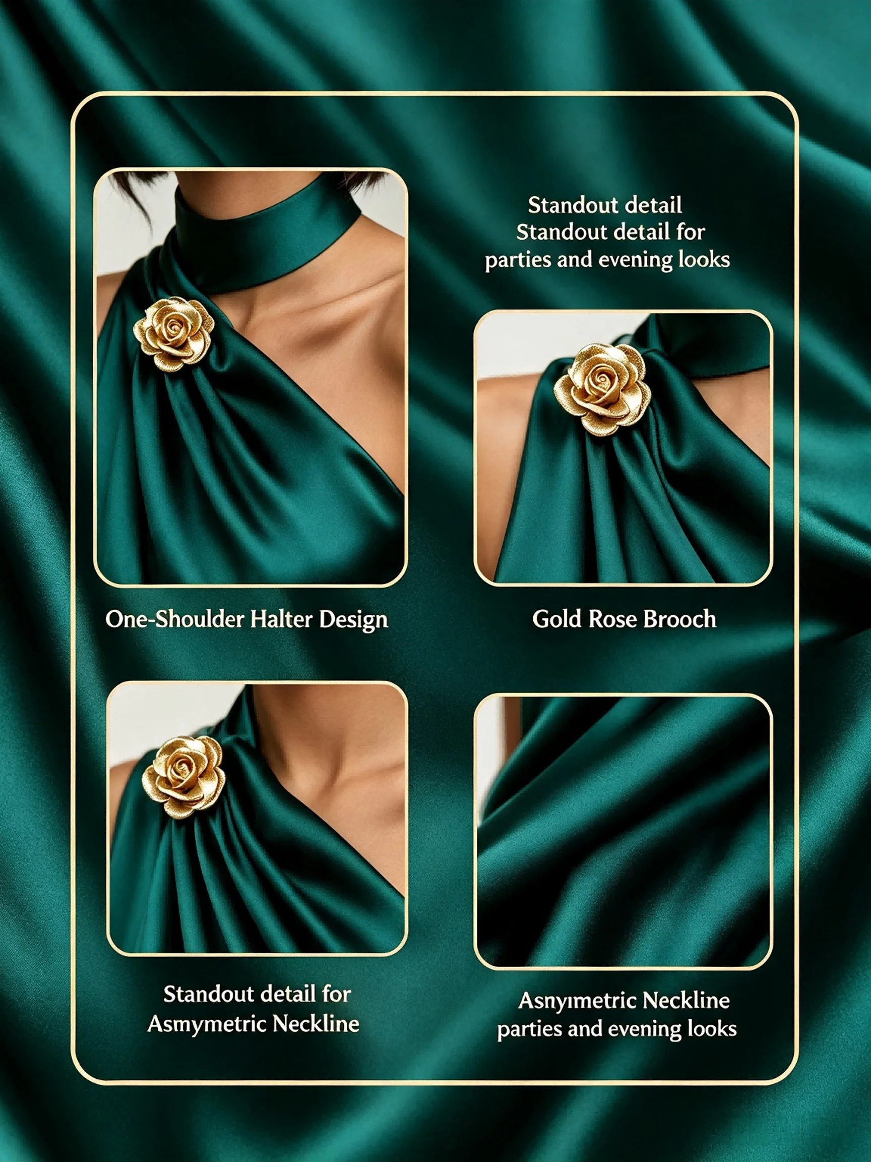 Smaragdgrünes Satin-Neckholder-Top mit einer Schulter für Damen, Elegante Goldrosen-Brosche, Drapierte Ärmellose Bluse, Party- und Abendhemd – Detail 3