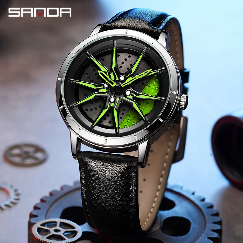 SANDA P1089 2023 Hollow Rotation Watch For Men\'s Car Wheel Rim Hub Style Quartz Wristwatch Military Waterproof Male Wrist Clock