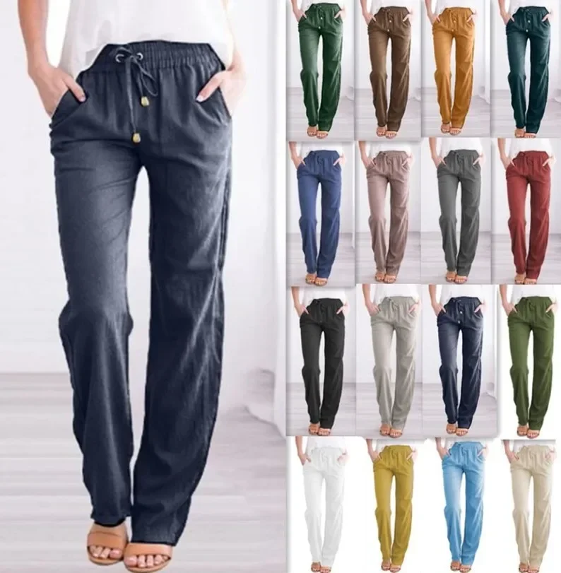 

Cotton Linen Loose Drawstring Women's Pants Wide-Leg High Waist Trousers Women Korean Solid Pocket Female Stretch Straight Pants