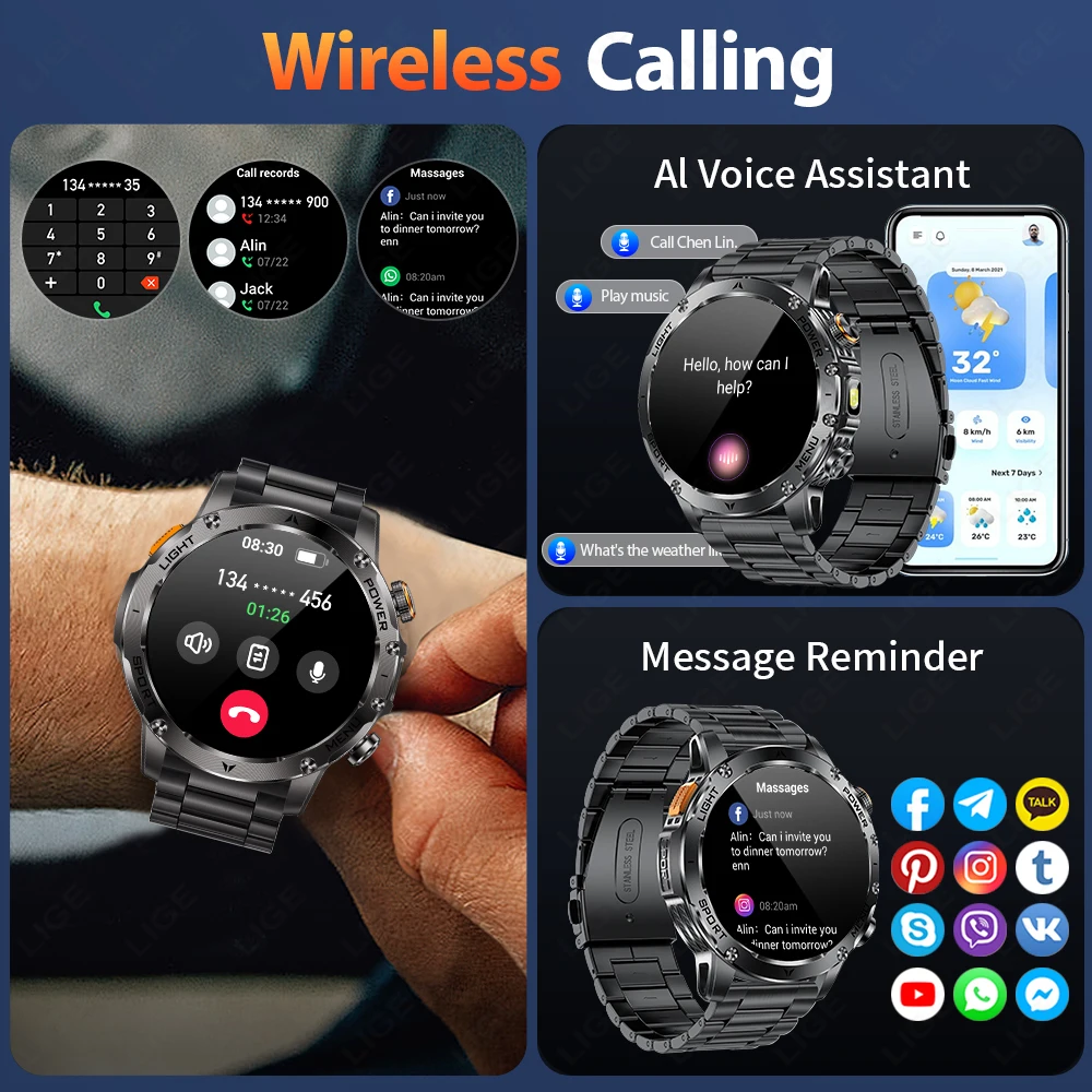 LIGE Neue 1000 mAh Große Kapazität Batterie Smartwatch Männer Outdoor Taschenlampe Bluetooth Anruf IP68 Wasserdichte Sport Fitness Uhren