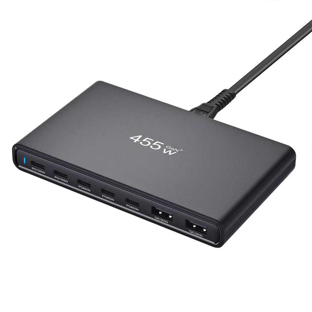 7-Port 455W GaN Desktop Charger Ultra-Slim Multi-Port USB-C 5C2A Fast Charging Station Adapters for Phones Tablets Dropshipping