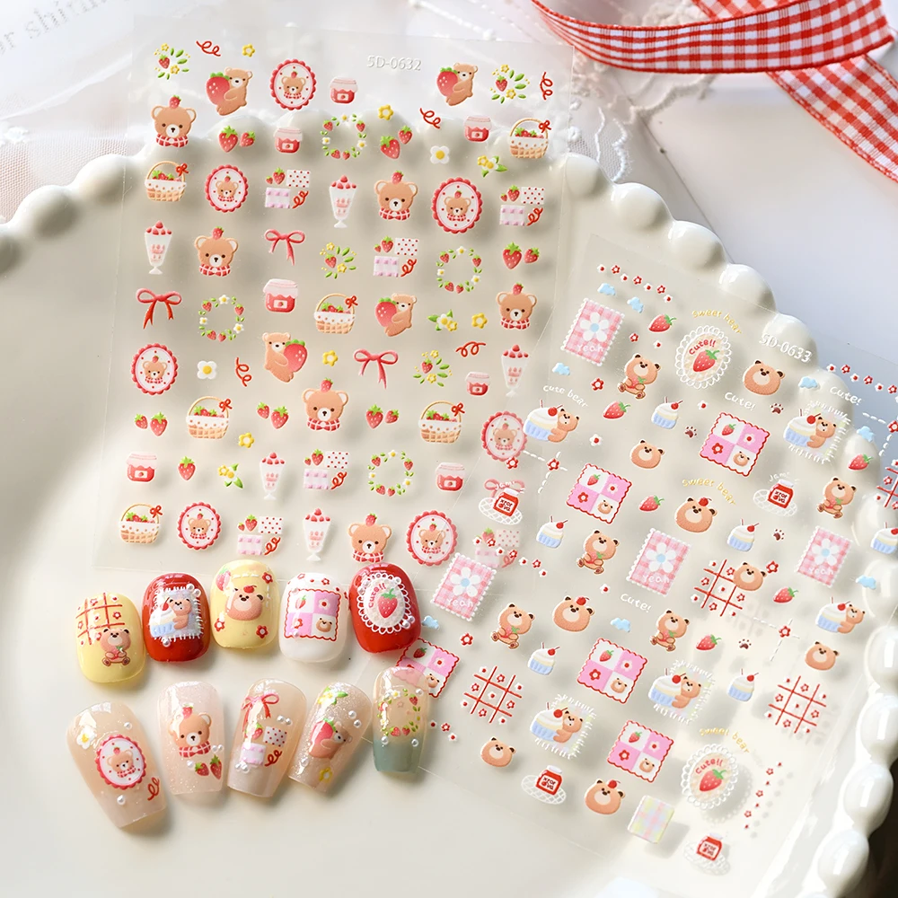 

5D Cute Happy Strawberry Cake Bear Nail Art Sticker Reliefs Self Adhesive Chic Bear Strawberry Basket Decoratio Manicure Decals