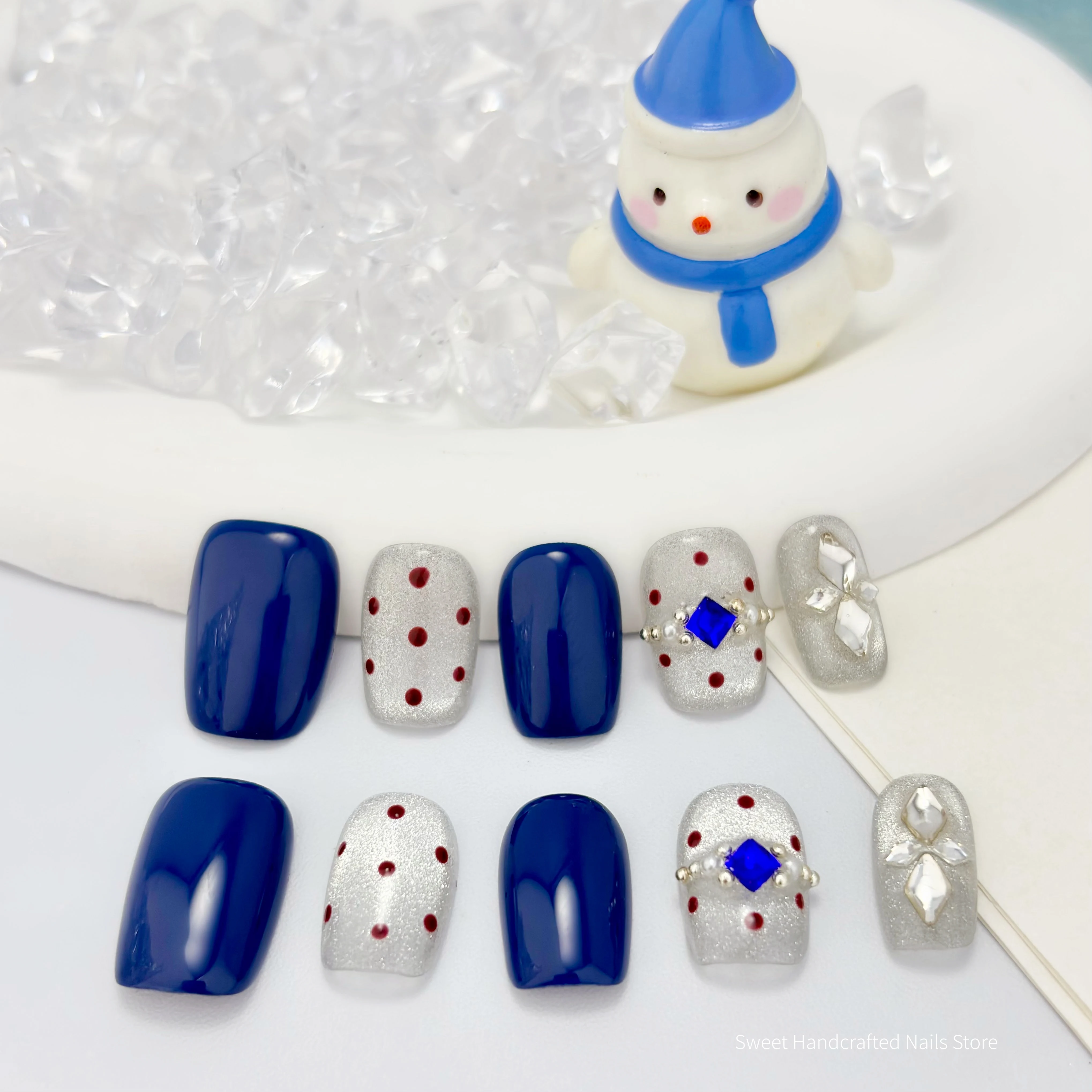 Handmade Short Square Press On Nails, Navy Blue Contrast Silver Snowflake Glitter Fake Nails, Burgundy Polka Dots, 3D Pearl & Shiny Rhinestone Bow, Reusable Manicure Gift with Nail Tool Kit for Girls Daily Office Study