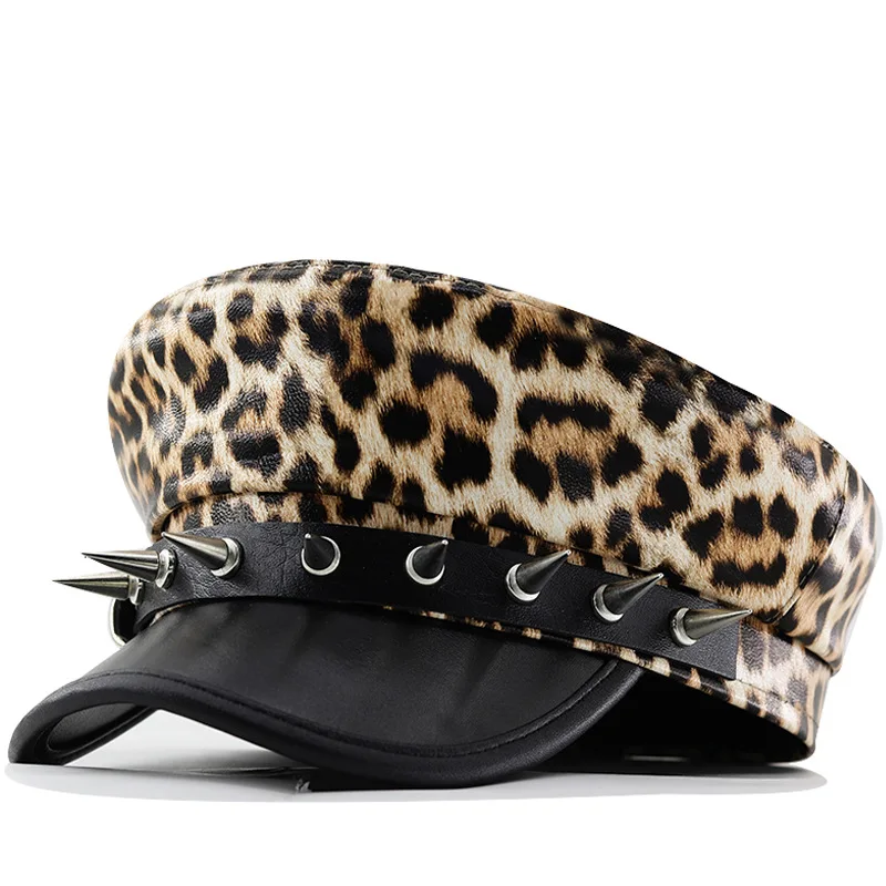 

Youth British Fashion Leopard Print Leather Hat Punk Style Rock Beret Leather Summer And Autumn Sun Hat Rivets Casual Short Brim