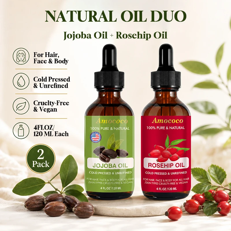 Amococo 2pcs Jojoba Oil and Rosehip Oil Natural Face Oil for Skin and Hair Cold Pressed Body Oil Moisturizing Care Lightweight Beauty Oil for All Skin Types Vegan Skin Care Oil 120ml Each