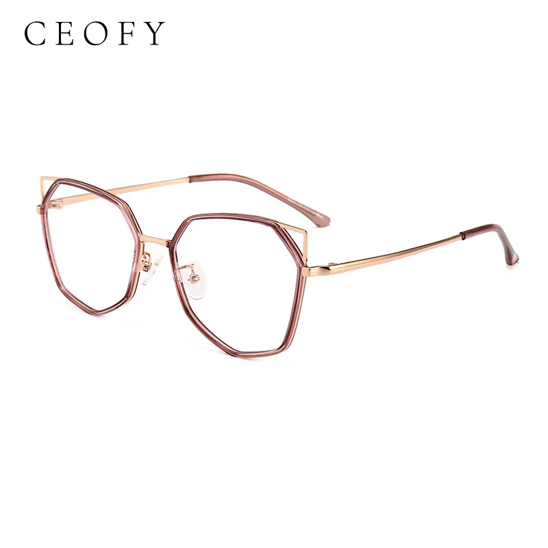 Ceofy Women Cat Ear Glasses Frame Optical Retro Spectacles Polygonal Personalized Eyeglasses Frame High Quality Women Eyewear