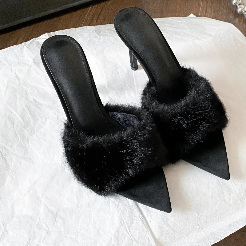 

Женские плюшевые тапочки на высоком каблуке с острым носком и леопардовым принтом, коллекция Осень/Зима 2026, винтажные, сексуальные
