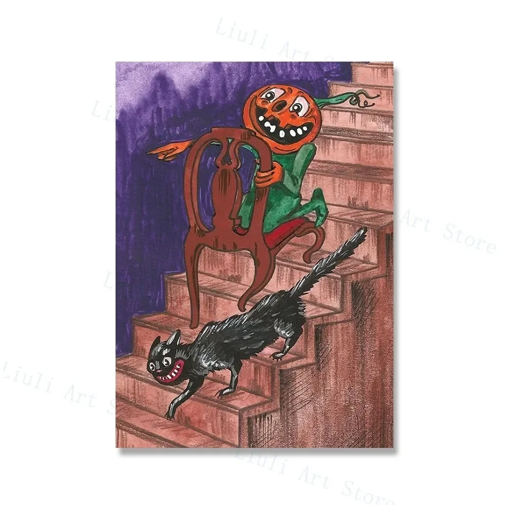 ملصق مطبوع على القماش عالي الدقة ، فن جداري ، ساحرة للهالوين ، مخيف ، قطة سوداء ، للحفلات ، المنزل ، في الهواء الطلق ، غرفة النوم ، اللوحة الزخرفية