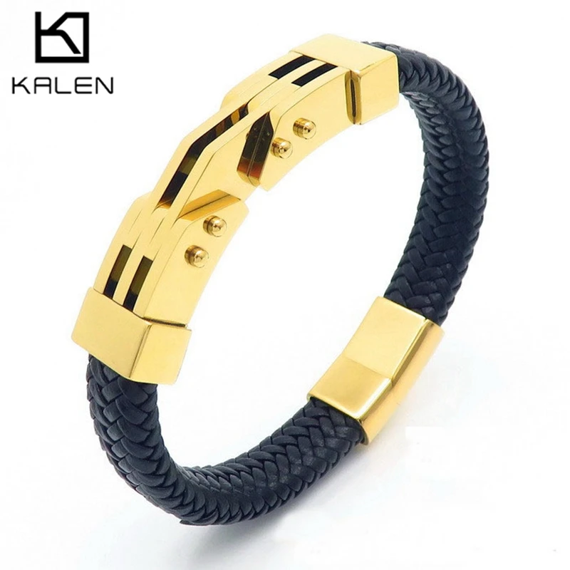 Fashion Casual Leather Rope Bracelet for Men Personality Black/Gold Color Stainless Steel Bracelet Trendy Jewelry Charm Gift