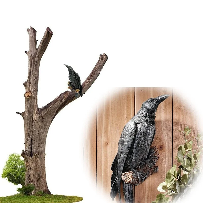 Black Crow Perch Resin Wall Hanging Statue Bird Crow Sculpture Halloween Creative Outdoor Garden Patio Animal Decoration Gift