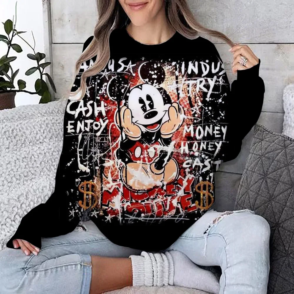 Women\'s Disney Mickey Mouse print Long Sleeve Sweatshirt Vintage Korean Harajuku Y2k Aesthetic Oversize Graffiti Print Pullover